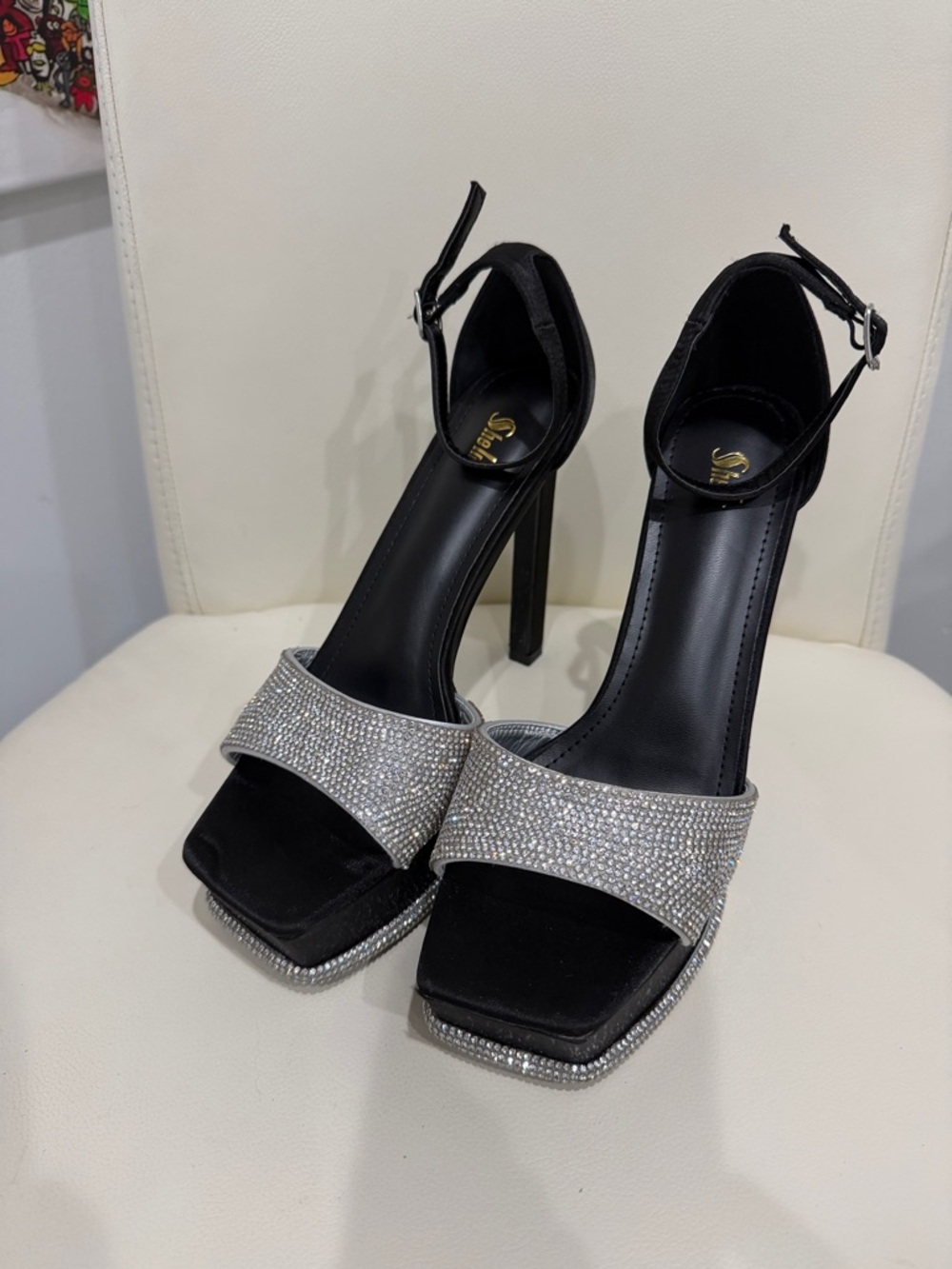 SHELN Black and Silver Crystal Ankle-Strap High Heel Sandals